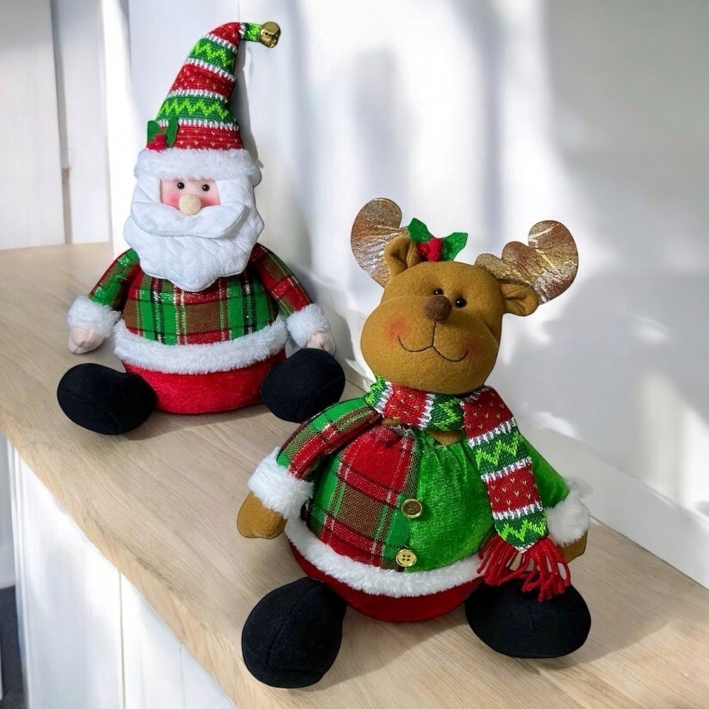 Santa and Reindeer Plush Gnomes Shelf Sitter Christmas Holiday Set Tartan Plaid